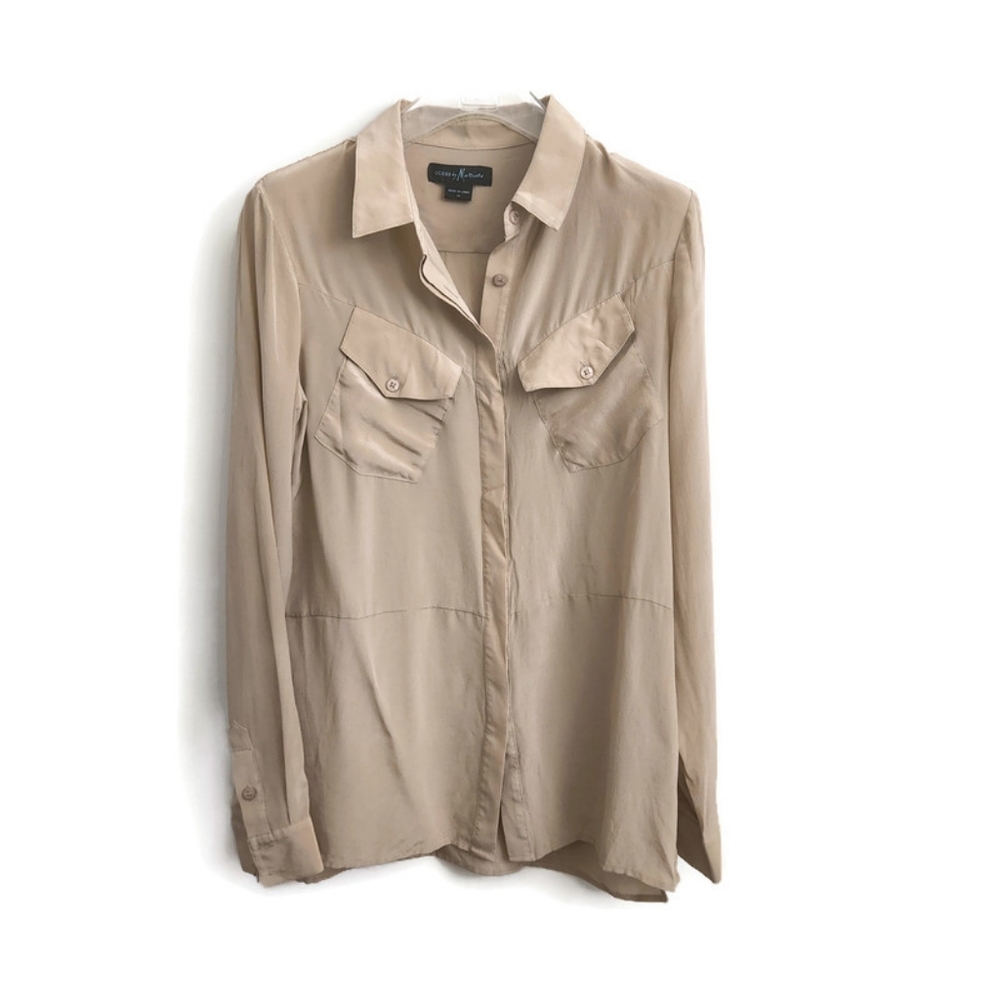 Marciano 100% silk blouse shirt button down neutral sz M